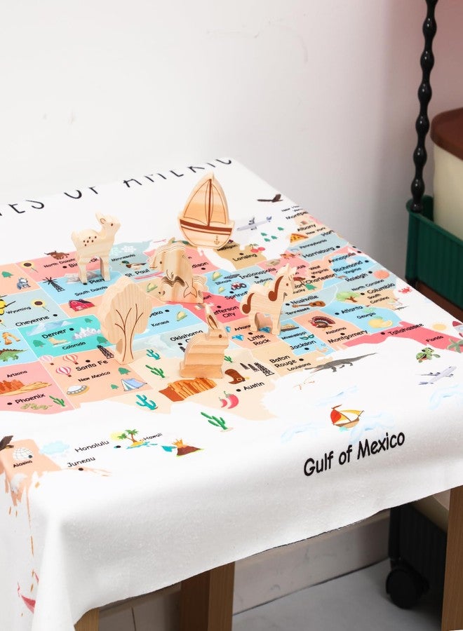 مفرش طاولة لعب للأطفال، خريطة الولايات المتحدة الأمريكية للأطفال، خريطة لعب مع حيوانات خشبية (خريطة الولايات المتحدة الأمريكية) - Image 3